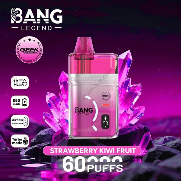 Peach Ice flavor box for Bang Legend Geek 60000 with orange peach and icy blue frost graphics