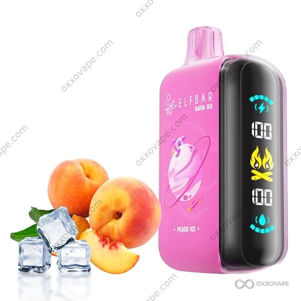 Peach Ice flavor box for Elf Bar Raya D3 25000 disposable vape with frosted peach artwork
