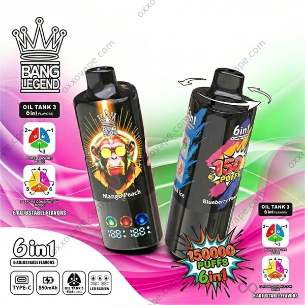 Bang Legend 150000 packaging box printed with peach and mango artwork for the peach flavor trio