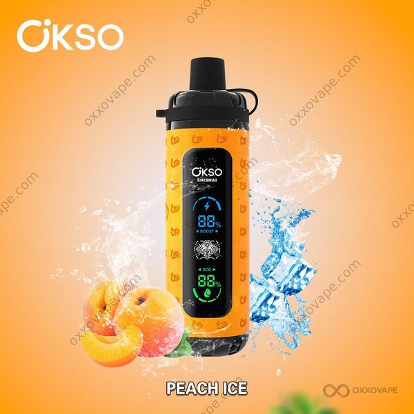 Verpackung der Peach Ice Geschmacksrichtung für den OKSO Shisha Max 40000 Vape mit geschnittenen Pfirsichen und Frost-Elementen