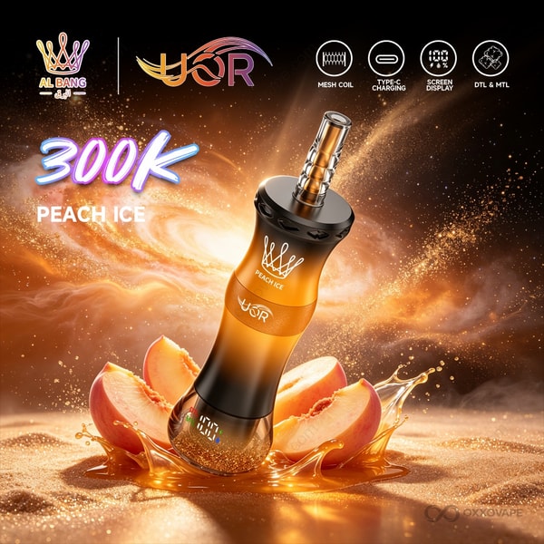 Peach Ice flavor box for UOR AL BANG 300000 with soft pink peach artwork