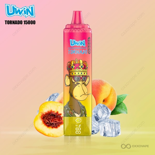 Peach Ice flavor box for Uwin Tornado 15000 with ripe peach and frost artwork