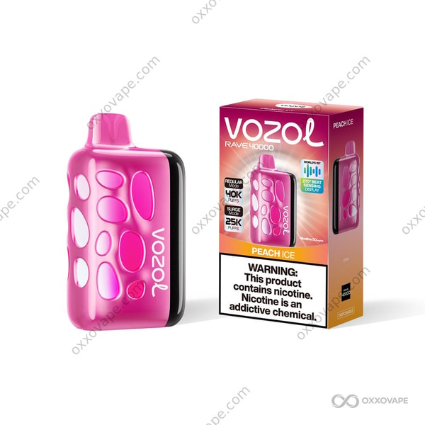 Vozol Rave 40000 Peach Ice flavor box showing a soft pink peach with icy frost overlay