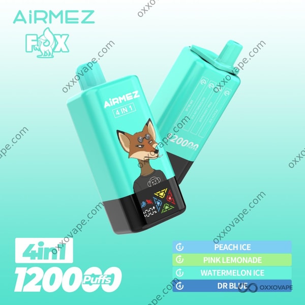 Airmez Fox 120000 Verpackung mit Pfirsich-, Limonaden- und blauen Himbeer-Symbolen