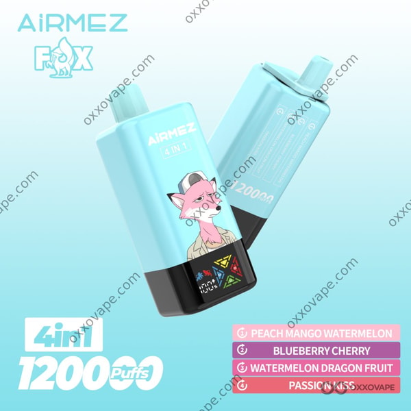 Airmez Fox 120000 Verpackung mit Pfirsich Mango, Blaubeere Kirsche und Drachenfrucht-Grafiken