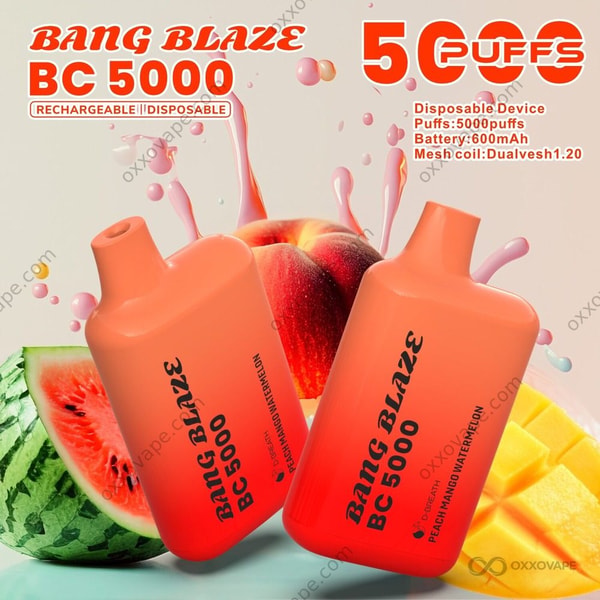 Smaakdoosje Perzik Mango Watermeloen voor Bang Blaze BC5000 vape met driemix fruitillustraties