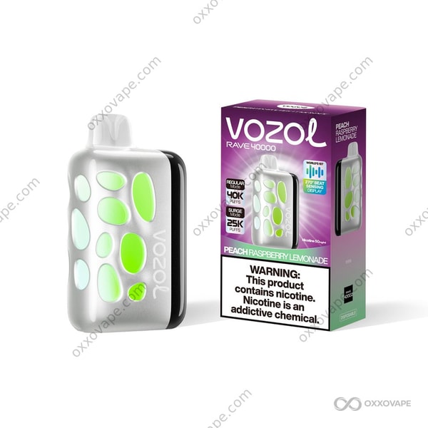 Vozol Rave 40000 Peach Raspberry Lemonade flavor box with peach, raspberry and lemon slice art
