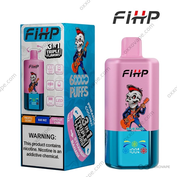 FIHP 60000 box showing Pineapple Coconut Blue Razz Strawberry Banana flavor trio