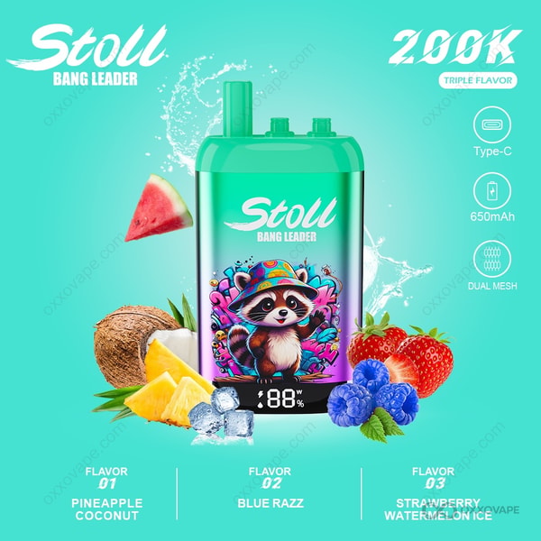 Box for Bang Leader Stoll Pineapple Coconut Blue Razz Strawberry Watermelon Ice flavor trio with tropical yellow artwork