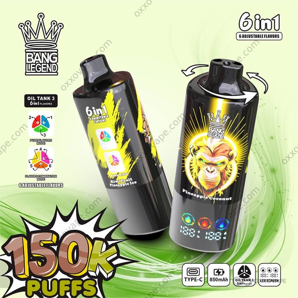 Bang Legend 150000 box art featuring pineapple slices and coconut graphics for tropical flavor trio