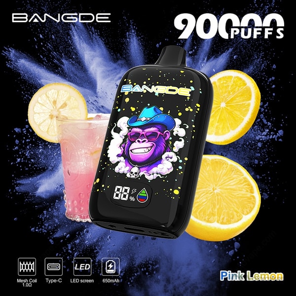 Bang DE 90000 Pink Lemon flavor box featuring pink lemonade citrus artwork