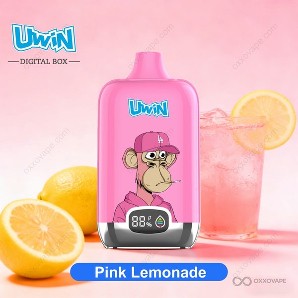 Pink Lemonade flavor packaging for Uwin Digital Box 12000 vape with citrus and pink berry design