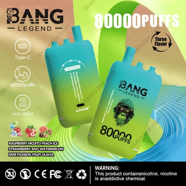 Bang Legend 80000 box art for Raspberry Mojito Peach Ice Strawberry Watermelon Kiwi Passion Fruit Guava blend