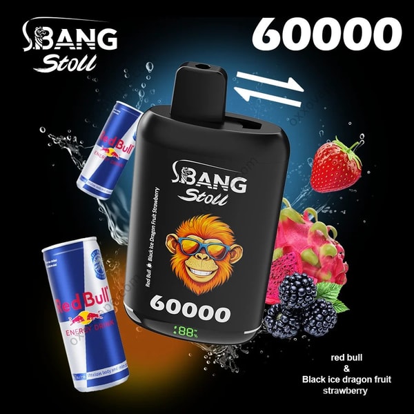 Bang Leader Stoll 60000 box art for Red Bull and Black Ice Dragon Fruit Strawberry flavor combo