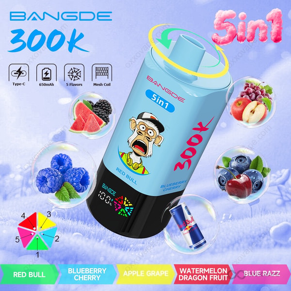 Bang DE 300000 five-in-one flavor box featuring Red Bull, Blueberry Cherry, Apple Grape, Watermelon Dragon Fruit and Blue Razz artwork