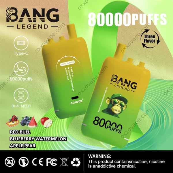 Bang Legend 80000 packaging for Red Bull Blueberry Watermelon Apple Pear energy drink flavor trio
