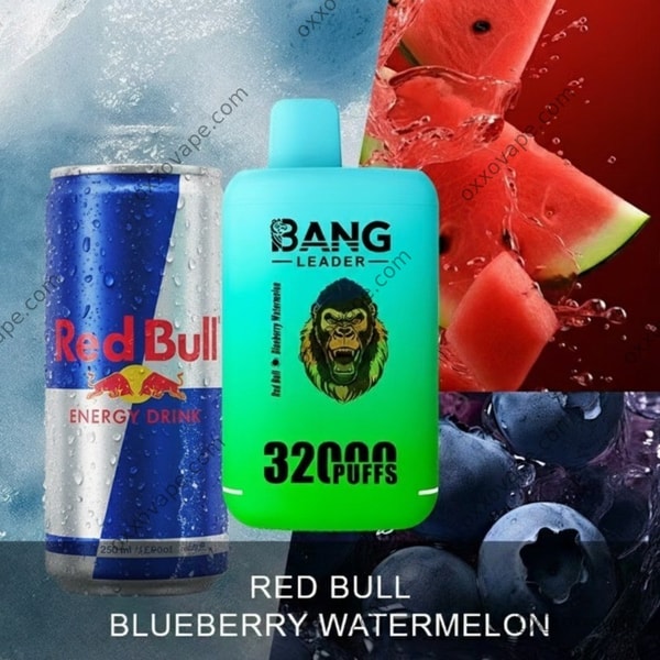 Bang Leader 32000 Red Bull Blueberry Watermelon box featuring energy-drink can graphic and fruit slices