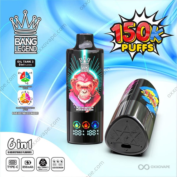 Bang Legend 150000 packaging with energy drink can and watermelon bubble gum imagery