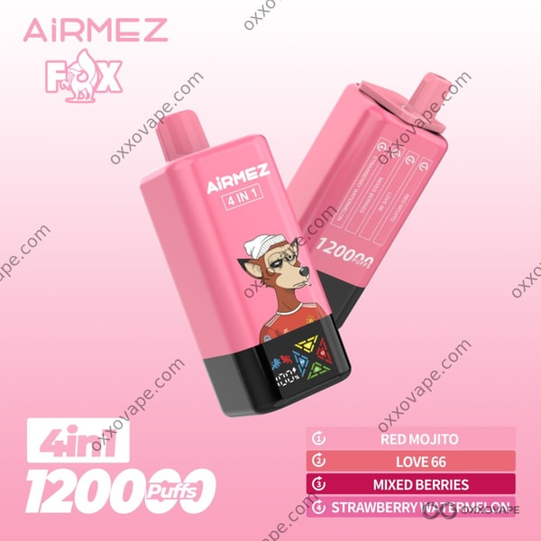 Airmez Fox 120000 Box mit Mojito-Limetten- und Beer-Wassermelonen-Design auf lebhaft rotem Hintergrund
