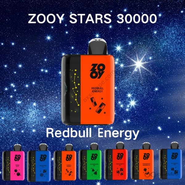Redbull Energy flavor box for ZOOY Stars 30000 vape with yellow and blue energy drink themed packaging
