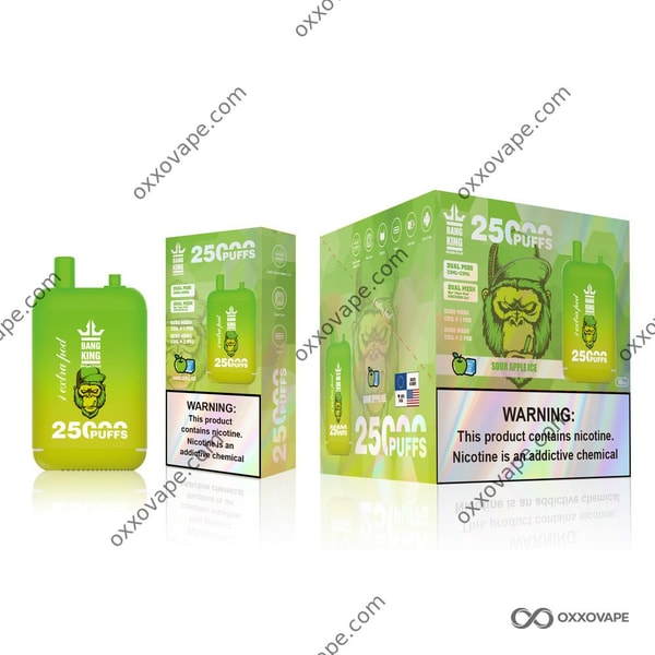 Sour Apple Ice flavor packaging for Bang King 25000 disposable vape with green apple graphics