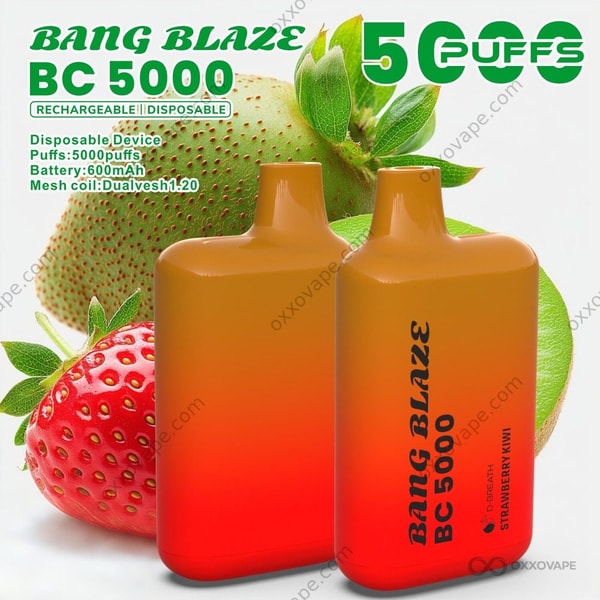 Smaakdoosje Aardbei Kiwi voor Bang Blaze BC5000 vape met groene kiwi en rode aardbeienkunst