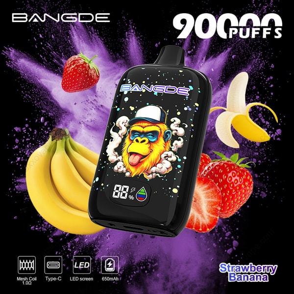 Bang DE 90000 Strawberry Banana flavor box with creamy yellow and pink design