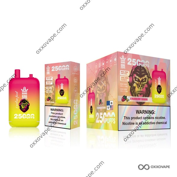 Strawberry Banana flavor box for Bang King 25000 disposable vape with fruit illustrations