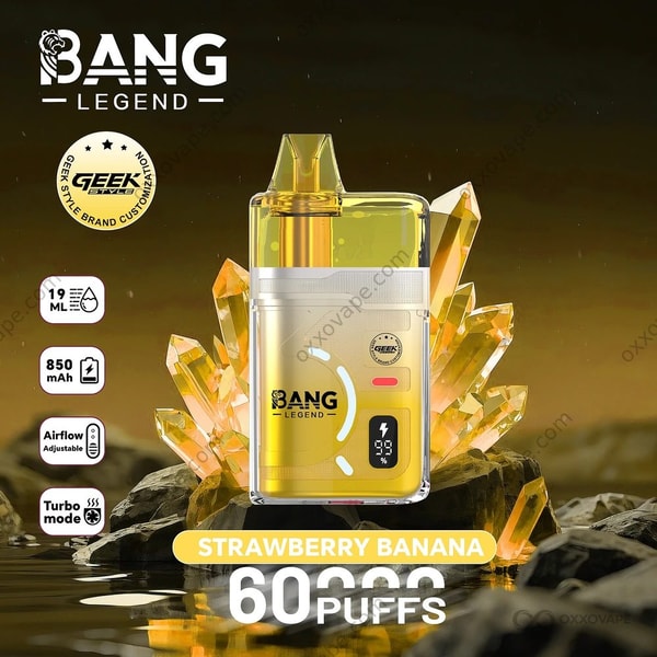 Strawberry Banana flavor packaging for Bang Legend Geek 60000 with yellow and red fruit design