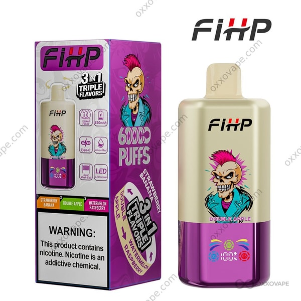 FIHP 60000 packaging showing Strawberry Banana Double Apple Watermelon Raspberry flavor trio