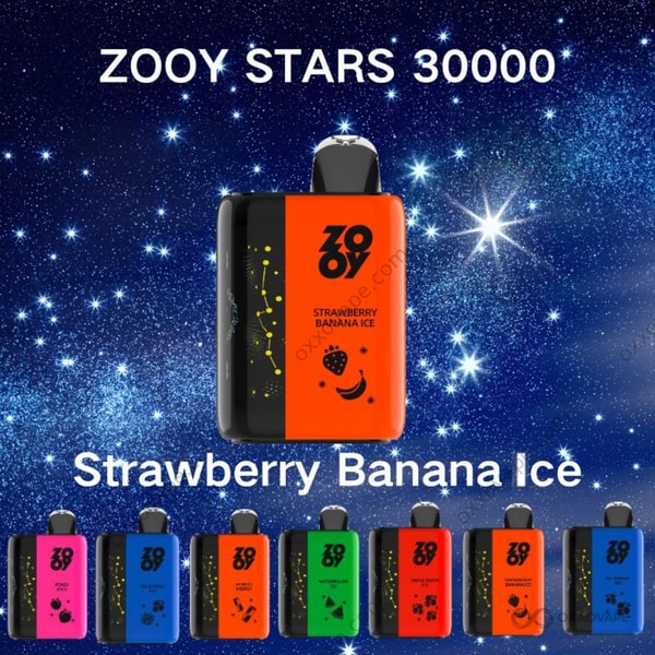 Strawberry Banana Ice packaging for ZOOY Stars 30000 vape showing banana and strawberry frost artwork