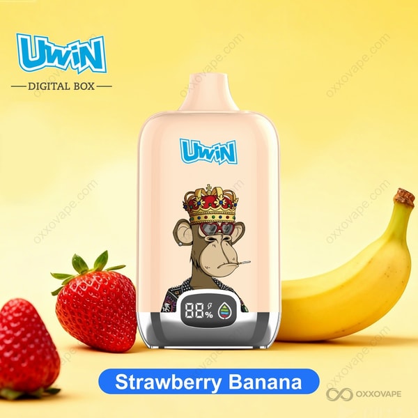Strawberry Banana flavor box for Uwin Digital Box 12000 disposable vape with creamy yellow and red fruit design