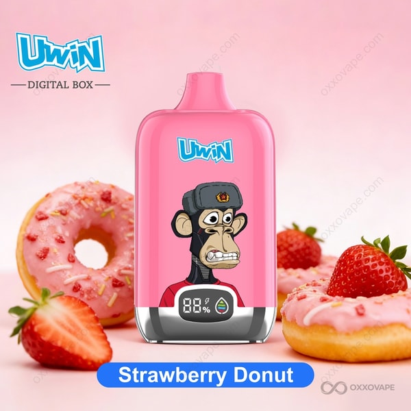 Strawberry Donut flavor box for Uwin Digital Box 12000 vape with pastel pink donut and strawberry graphics