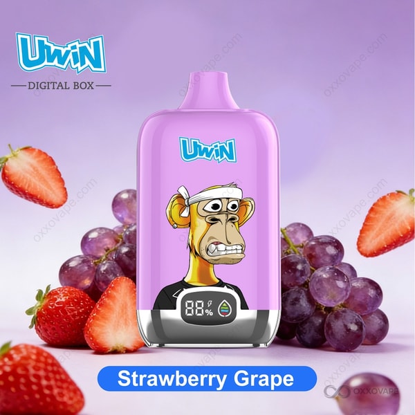 Strawberry Grape flavor packaging for Uwin Digital Box 12000 vape with red and purple fruit artwork