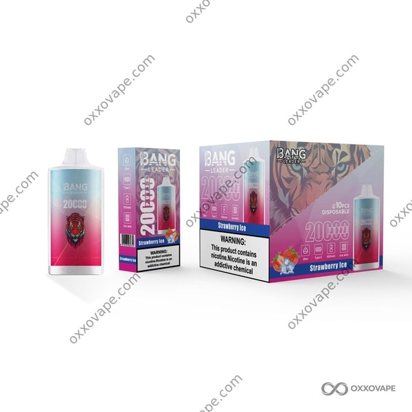 Strawberry Ice flavor packaging for Bang Leader 20000 vape with frosted berry graphics