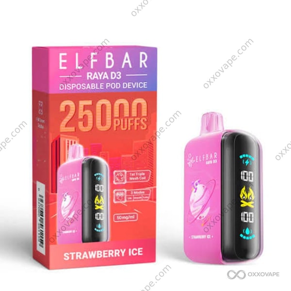 Strawberry Ice flavor packaging for Elf Bar Raya D3 25000 disposable vape with frosted strawberry art