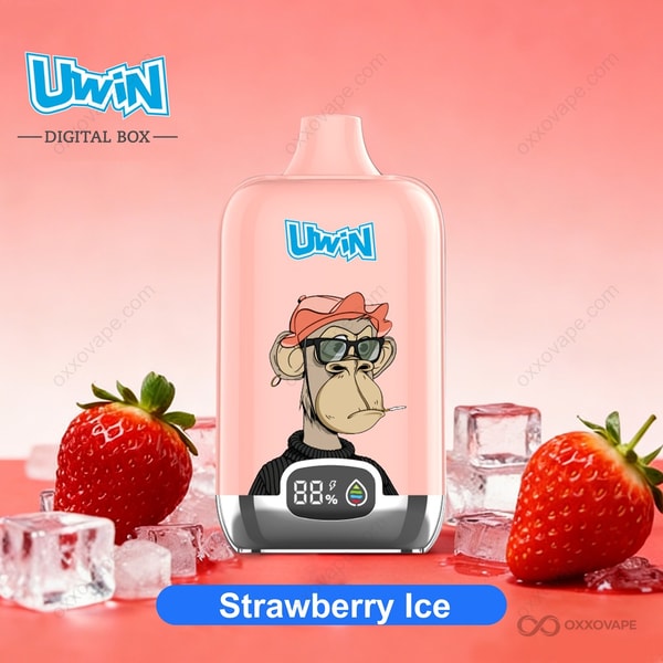Strawberry Ice flavor packaging for Uwin Digital Box 12000 vape showing red strawberries with ice accents