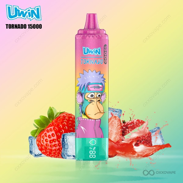 Strawberry Ice flavor box for Uwin Tornado 15000 with frosted strawberry design