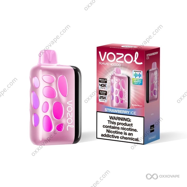 Vozol Rave 40000 Strawberry Ice flavor box displaying red strawberries with frosty white accents