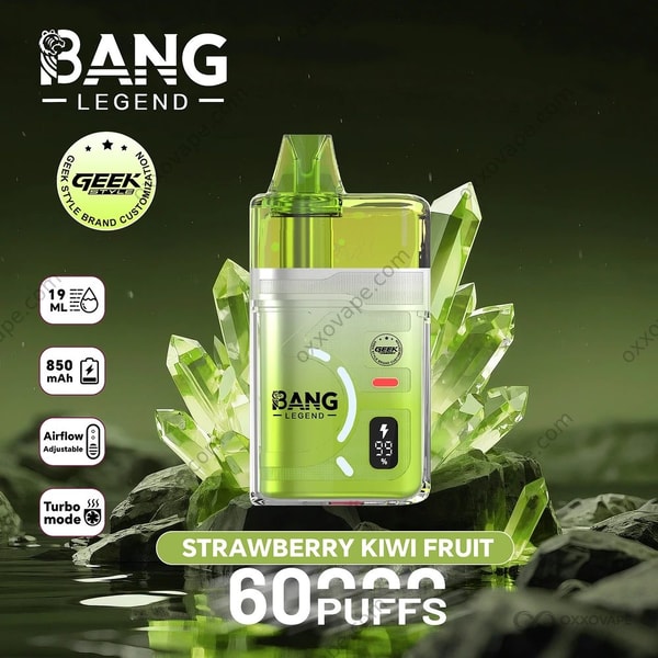 Strawberry Kiwi Fruit flavor box for Bang Legend Geek 60000 with red and green tropical graphics