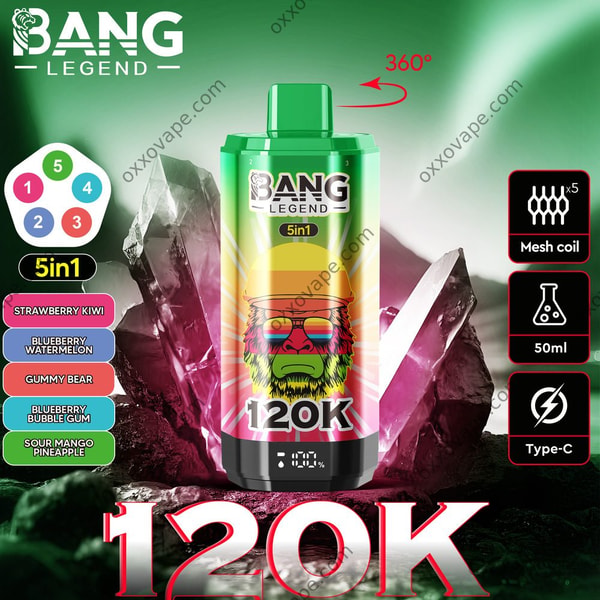 Design de boîte Bang Legend 120000 avec les saveurs Fraise Kiwi Myrtille Pastèque Ours Gomme en assortiment