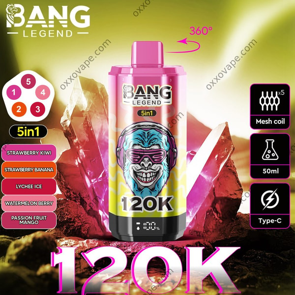 Emballage Bang Legend 120000 avec les saveurs Fraise Kiwi Fraise Banane Litchi Glacé en illustration
