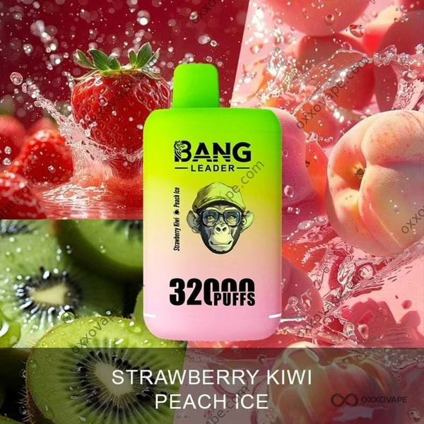 Bang Leader 32000 Strawberry Kiwi Peach Ice box featuring sliced kiwi and frosted peach artwork