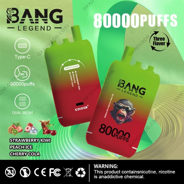 Bang Legend 80000 packaging for Strawberry Kiwi Peach Ice Cherry Cola flavor trio design