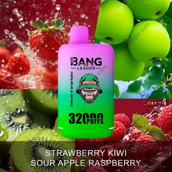 Bang Leader 32000 Strawberry Kiwi Sour Apple Raspberry box with tart green apple and raspberry artwork