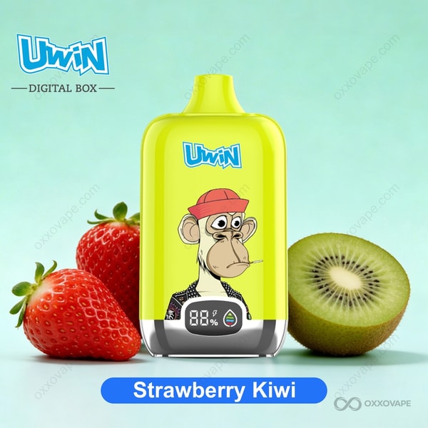 Strawberry Kiwi flavor packaging for Uwin Digital Box 12000 vape with red strawberry and green kiwi graphics
