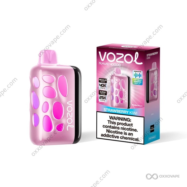 Vozol Rave 40000 Strawberry Kiwi flavor box featuring red strawberries and green kiwi slices