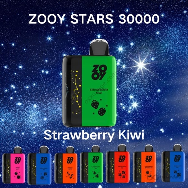 Strawberry Kiwi flavor box for ZOOY Stars 30000 vape with green kiwi and red strawberry artwork
