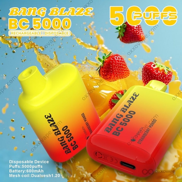 Strawberry Mango smaakdoos voor Bang Blaze BC5000 vape met rood- en oranje fruitgrafieken