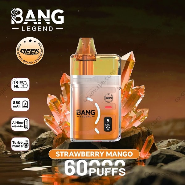 Strawberry Mango flavor box for Bang Legend Geek 60000 with orange and red tropical artwork